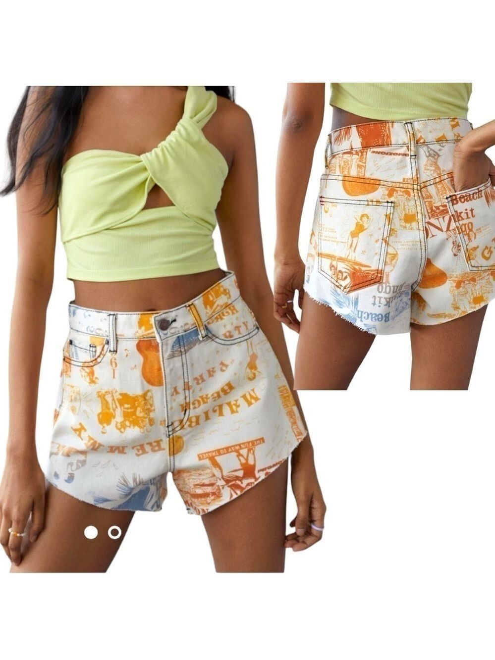 BDG Pitched High Rise Cutt Off Denim Short Newspaper Print Cream Sz 28 A-Line